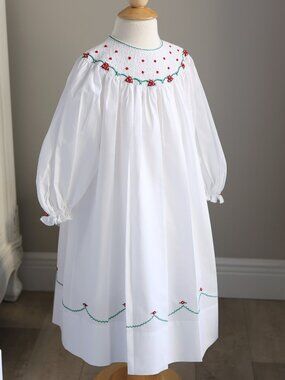 White Smocked Feltman Brothers Long Sleeve Bishop Dress Embroidery NEW